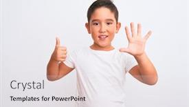  Presentation with number - Beautiful PPT theme featuring beautiful kid boy wearing casual t-shirt standing over isolated white background showing and pointing up with fingers number six while smiling confident and happy backdrop and a white colored foreground