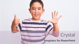  Presentation with toothpaste little kid boy brushing - Slide deck enhanced with beautiful kid boy wearing casual striped t-shirt standing over isolated white background showing and pointing up with fingers number six while smiling confident and happy background and a light blue colored foreground