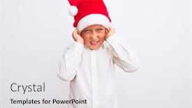  Presentation with christmas music - Colorful slide set enhanced with beautiful kid boy wearing christmas santa hat standing over isolated white background covering ears with fingers with annoyed expression for the noise of loud music deaf concept backdrop and a white colored foreground