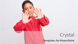  Presentation with panic - Beautiful presentation theme featuring beautiful kid boy wearing elegant red shirt standing over isolated white background afraid and terrified with fear expression stop gesture with hands shouting in shock panic concept backdrop and a white colored foreground