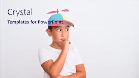  Presentation with propeller - Presentation design consisting of beautiful kid boy wearing fanny colorful cap with propeller over isolated white background with hand on chin thinking about question pensive expression smiling with thoughtful face doubt concept background and a sky blue colored foreground