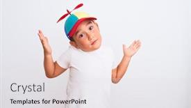  Presentation with colorful hands - Slide set with beautiful kid boy wearing fanny colorful cap with propeller over isolated white background clueless and confused expression with arms and hands raised doubt concept background and a white colored foreground