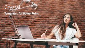  Presentation with office life - Theme having beautiful lady sitting at a table office life work place background and a violet colored foreground