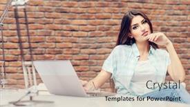  Presentation with office life - PPT layouts enhanced with beautiful lady sitting at a table office life work place background and a coral colored foreground
