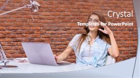  Presentation with office life - PPT theme consisting of beautiful lady sitting at a table office life work place background and a red colored foreground