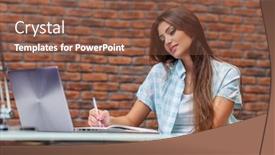  Presentation with office life - Amazing PPT layouts having beautiful lady sitting at a table office life work place backdrop and a tawny brown colored foreground