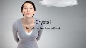  Presentation with kiss - Theme featuring beautiful lady throws a kiss and hides hands behind the back isolated on grey background with cloud background and a light gray colored foreground