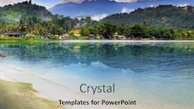  Presentation with green mountains - Theme having beautiful landscape of small village at base of lush green mountains with dramatic sky above and reflective sea and sand below background and a light blue colored foreground