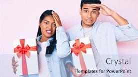  Presentation with anniversary - Amazing slide deck having beautiful-latin-young-couple-holding backdrop and a light blue colored foreground