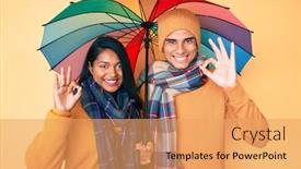  Presentation with under umbrella - Cool new presentation design with beautiful-latin-young-couple-under backdrop and a yellow colored foreground