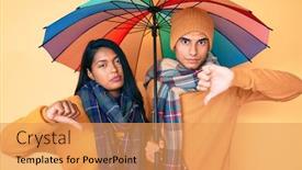 Presentation with under umbrella - PPT layouts featuring beautiful-latin-young-couple-under background and a yellow colored foreground