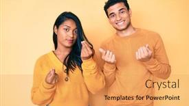  Presentation with business casual - Slide set having beautiful-latin-young-couple-wearing background and a yellow colored foreground