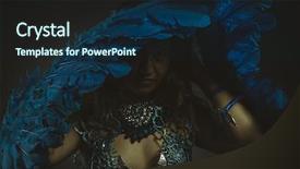  Presentation with latina - Cool new slide deck with beautiful latina woman in blue feather bird costume fantasy and imagination image backdrop and a navy blue colored foreground