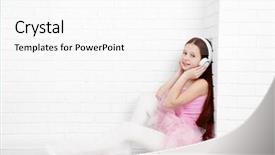  Presentation with white bricks - Presentation theme featuring beautiful little ballerina with headphones on white bricks wall background background and a white colored foreground