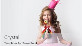  Presentation with princess - Presentation design with beautiful little candy princess girl in crown holding big lollipop and smiling background and a white colored foreground