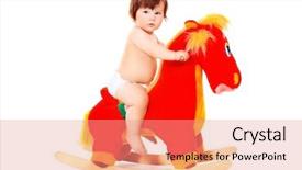  Presentation with horse child - PPT theme enhanced with beautiful little child riding her toy horse isolated over white background and a coral colored foreground