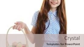  Presentation with easter basket - Slide deck having beautiful little girl holding wicker basket with easter eggs isolated on white background and a soft green colored foreground