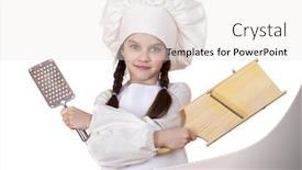  Presentation with shredder - Colorful PPT theme enhanced with beautiful little girl in a white apron and holding a wooden grater shredder vegetables isolated on white background backdrop and a white colored foreground