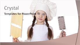  Presentation with shredder - PPT layouts enhanced with beautiful little girl in a white apron and holding a wooden grater shredder vegetables isolated on white background background and a white colored foreground