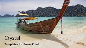  Presentation with seashore - Colorful PPT theme enhanced with beautiful longtail boat on the sand seashore backdrop and a soft green colored foreground