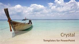  Presentation with seashore - PPT theme consisting of beautiful longtail boat on the sand seashore background and a lemonade colored foreground
