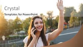  Presentation with hair dress - Amazing presentation design having beautiful lovely young woman with long brunette hair wearing dress walking outdoors talking on mobile phone waving backdrop and a white colored foreground