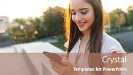  Presentation with hair dress - Beautiful presentation design featuring beautiful lovely young woman with long brunette hair wearing dress walking outdoors using mobile phone backdrop and a coral colored foreground