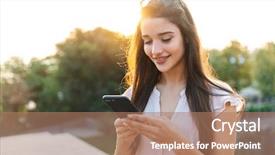  Presentation with mobile technology - Presentation design having beautiful lovely young woman background and a coral colored foreground