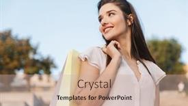  Presentation with hair dress - Cool new PPT theme with beautiful lovely young woman with long brunette hair wearing dress walking outdoors carrying shopping bags backdrop and a soft green colored foreground