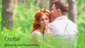  Presentation with gentle - Cool new presentation theme with beautiful lovers sitting on grass in forest resting outdoors gentle romantic feelings happy wedding day young new family backdrop and a yellow colored foreground