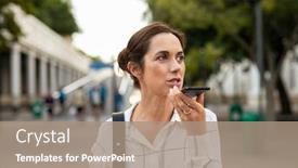  Presentation with voice assistant - Presentation design enhanced with beautiful-mature-businesswoman-using-mobile background and a coral colored foreground