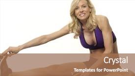  Presentation with exercise mat - Presentation theme consisting of beautiful mature woman doing stretching exercise on purple yoga mat background and a coral colored foreground