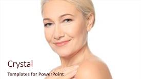  Presentation with youth skin care concept beige - Presentation design consisting of beautiful mature woman on white background and a lemonade colored foreground