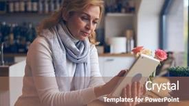  Presentation with cafe - Colorful presentation design enhanced with beautiful mature woman using tablet backdrop and a  colored foreground