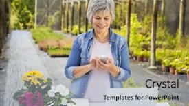  Presentation with greenhouse - Amazing slide set having beautiful mature woman working in a greenhouse and making a phone call backdrop and a light blue colored foreground