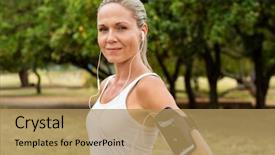  Presentation with health woman running female runner - Beautiful PPT theme featuring beautiful mid blonde woman running backdrop and a coral colored foreground