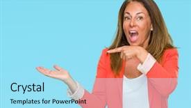  Presentation with finger - Beautiful PPT layouts featuring beautiful middle age business adult backdrop and a  colored foreground