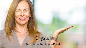  Presentation with hand palm - Amazing presentation theme having beautiful middle age business woman backdrop and a  colored foreground