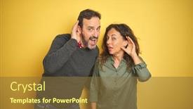  Presentation with hearing - Presentation having beautiful middle age couple over isolated yellow background smiling with hand over ear listening an hearing to rumor or gossip deafness concept background and a tawny brown colored foreground