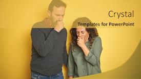 Presentation with healthcare - Presentation theme with beautiful middle age couple over isolated yellow background feeling unwell and coughing as symptom for cold or bronchitis healthcare concept background and a yellow colored foreground