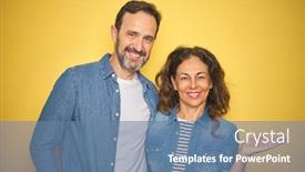  Presentation with denim - Audience pleasing PPT layouts consisting of beautiful middle age couple together wearing denim shirt over isolated yellow background smiling cheerful presenting and pointing with palm of hand looking at the camera backdrop and a seafoam green colored foreground