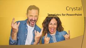  Presentation with yellow music - Slide set consisting of beautiful middle age couple together wearing denim shirt over isolated yellow background shouting with crazy expression doing rock symbol with hands up music star heavy concept background and a yellow colored foreground