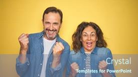  Presentation with denim - PPT theme with beautiful middle age couple together wearing denim shirt over isolated yellow background celebrating surprised and amazed for success with arms raised and open eyes winner concept background and a ocean colored foreground