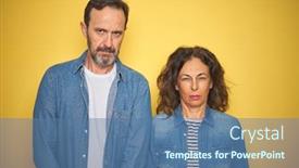  Presentation with denim - Presentation theme featuring beautiful middle age couple together wearing denim shirt over isolated yellow background skeptic and nervous frowning upset because of problem negative person background and a ocean colored foreground