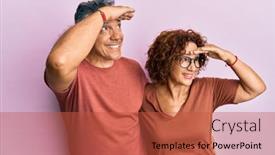  Presentation with far away - Amazing PPT theme having beautiful-middle-age-couple-together backdrop and a red colored foreground