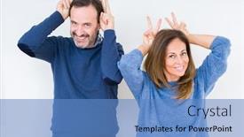  Presentation with bunny - Slide deck having beautiful middle age couple in love over isolated background posing funny and crazy with fingers on head as bunny ears smiling cheerful background and a teal colored foreground