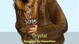  Presentation with stomach disease - Presentation theme having beautiful middle age elegant woman wearing mink coat with hand on stomach because nausea painful disease feeling unwell ache concept background and a tawny brown colored foreground