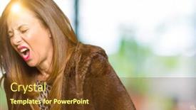  Presentation with stomach disease - Presentation design consisting of beautiful middle age elegant woman wearing mink coat with hand on stomach because nausea painful disease feeling unwell ache concept background and a tawny brown colored foreground