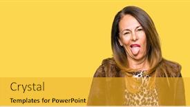  Presentation with elegant - Presentation theme consisting of beautiful middle age elegant woman wearing mink coat sticking tongue out happy with funny expression emotion concept background and a gold colored foreground