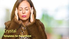  Presentation with elegant - Colorful presentation design enhanced with beautiful middle age elegant woman wearing mink coat with hand on head for pain in head because stress suffering migraine backdrop and a tawny brown colored foreground